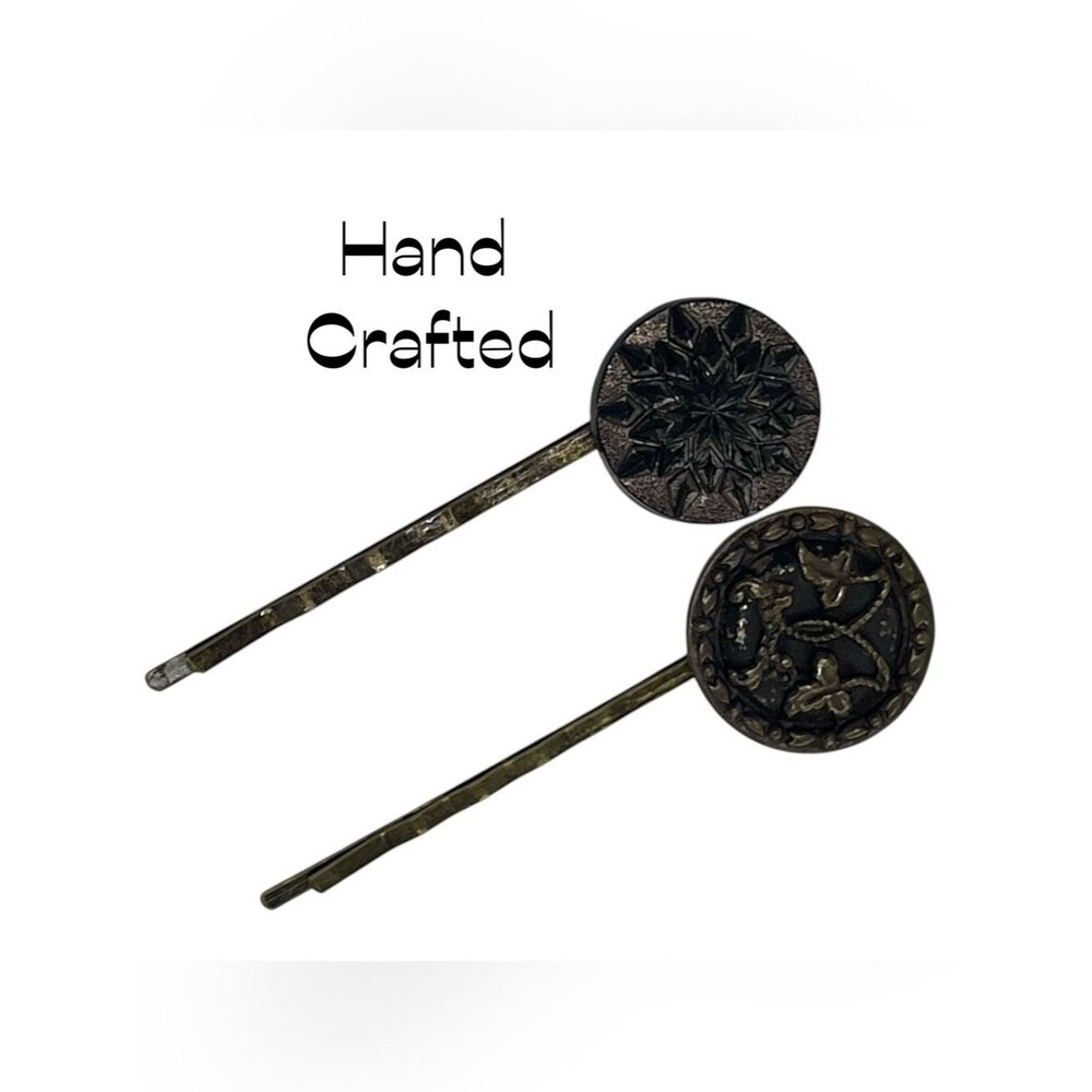 Hand Crafted Black Bronze Button Repurposed Hair Clips NWT